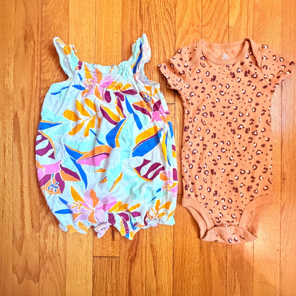 Carters Baby Girl 9M Floral Bubble Romper and Leopard Onsie 2pc Set